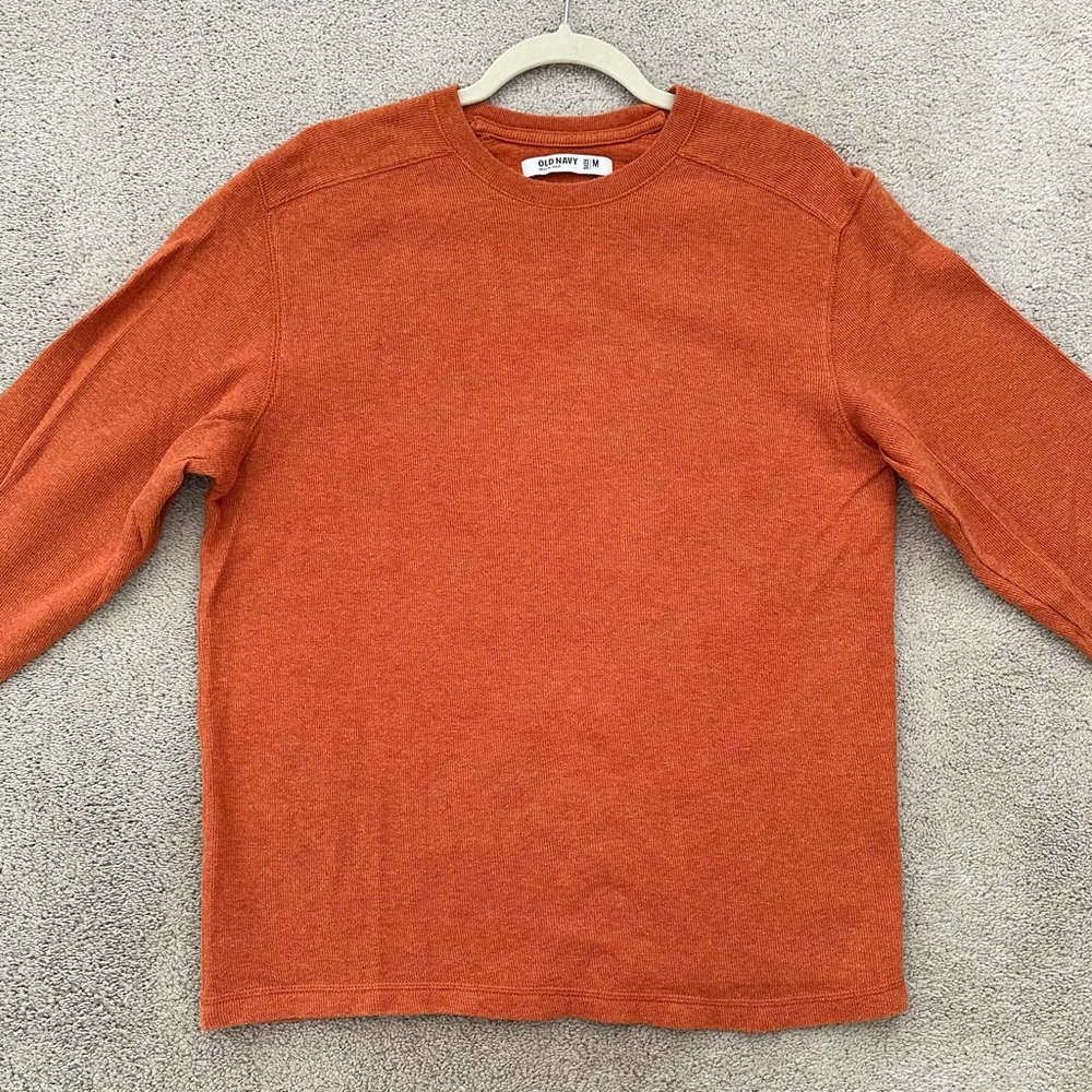 Lightweight Crew Neck Orange Long Sleeve Ribbed Knit Cotton Sweater Shirt